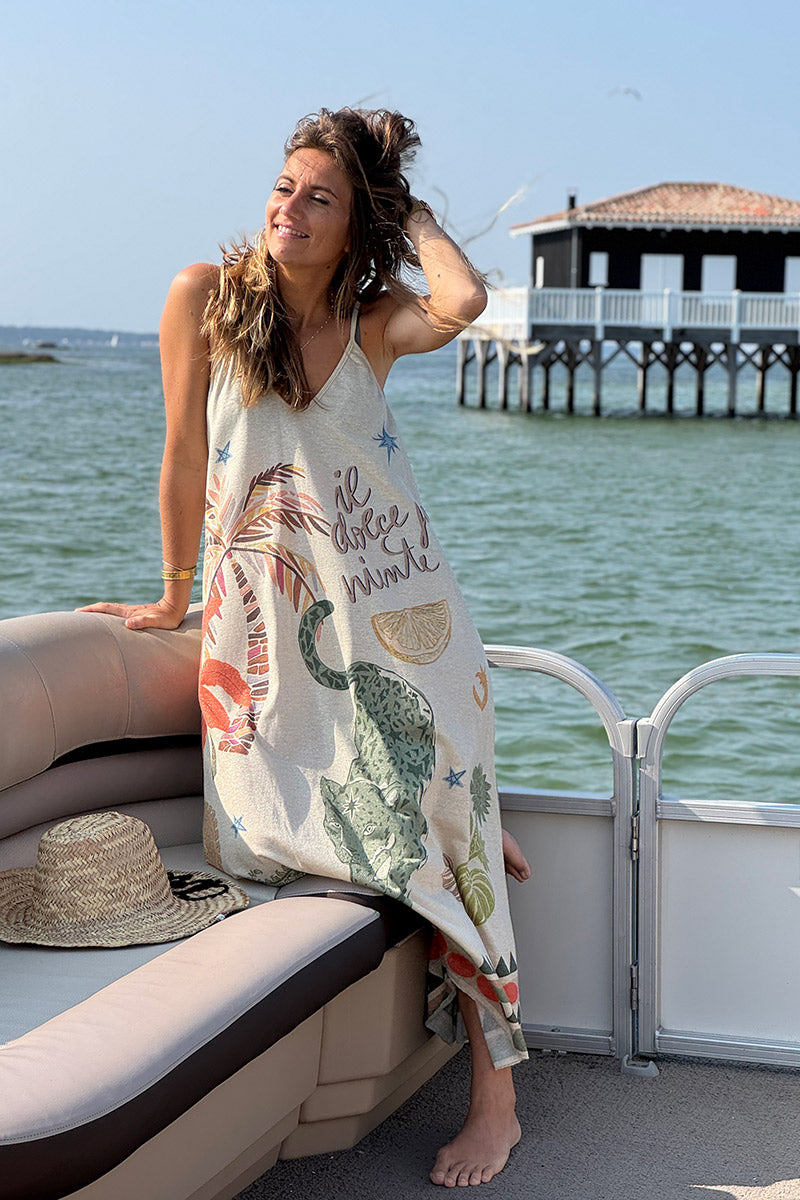 Robe longue beige brillante à bretelles motifs palmier léopard Dolce