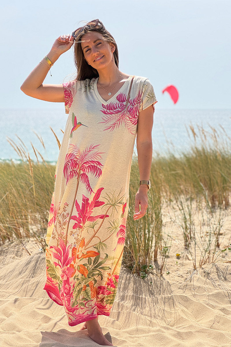 Fuchsia pink Tropical Escape V-Neck Maxi Dress
