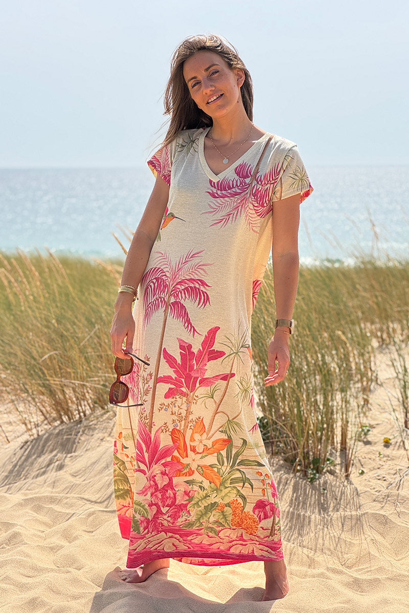 Fuchsia pink Tropical Escape V-Neck Maxi Dress