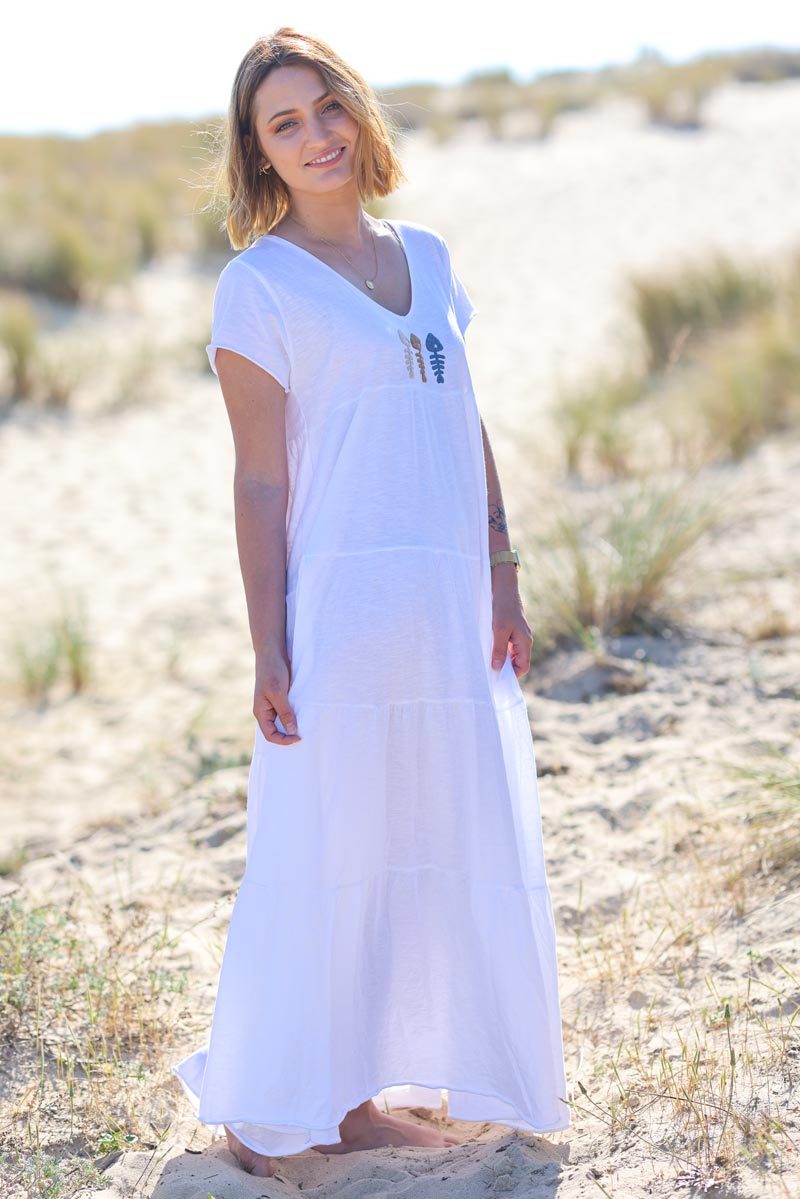 Robe longue blanche en coton stretch trio poissons g042 (1)