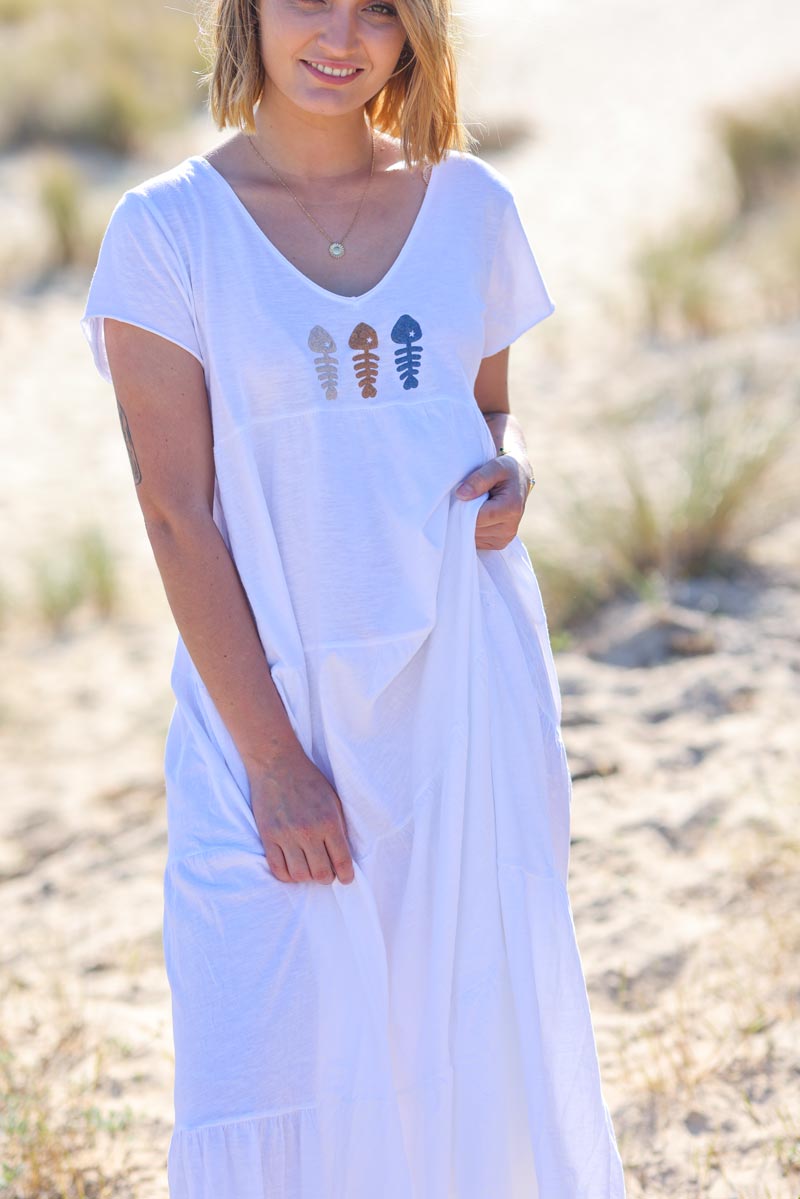 Robe longue blanche en coton stretch trio poissons g042 (1)