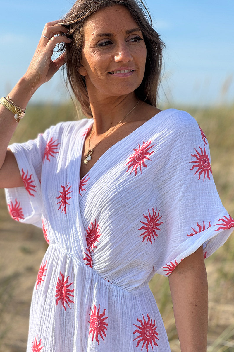 Coral Sunburst Gauze Dress