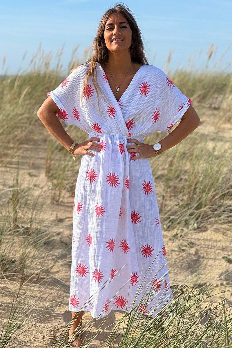 Coral Sunburst Gauze Dress