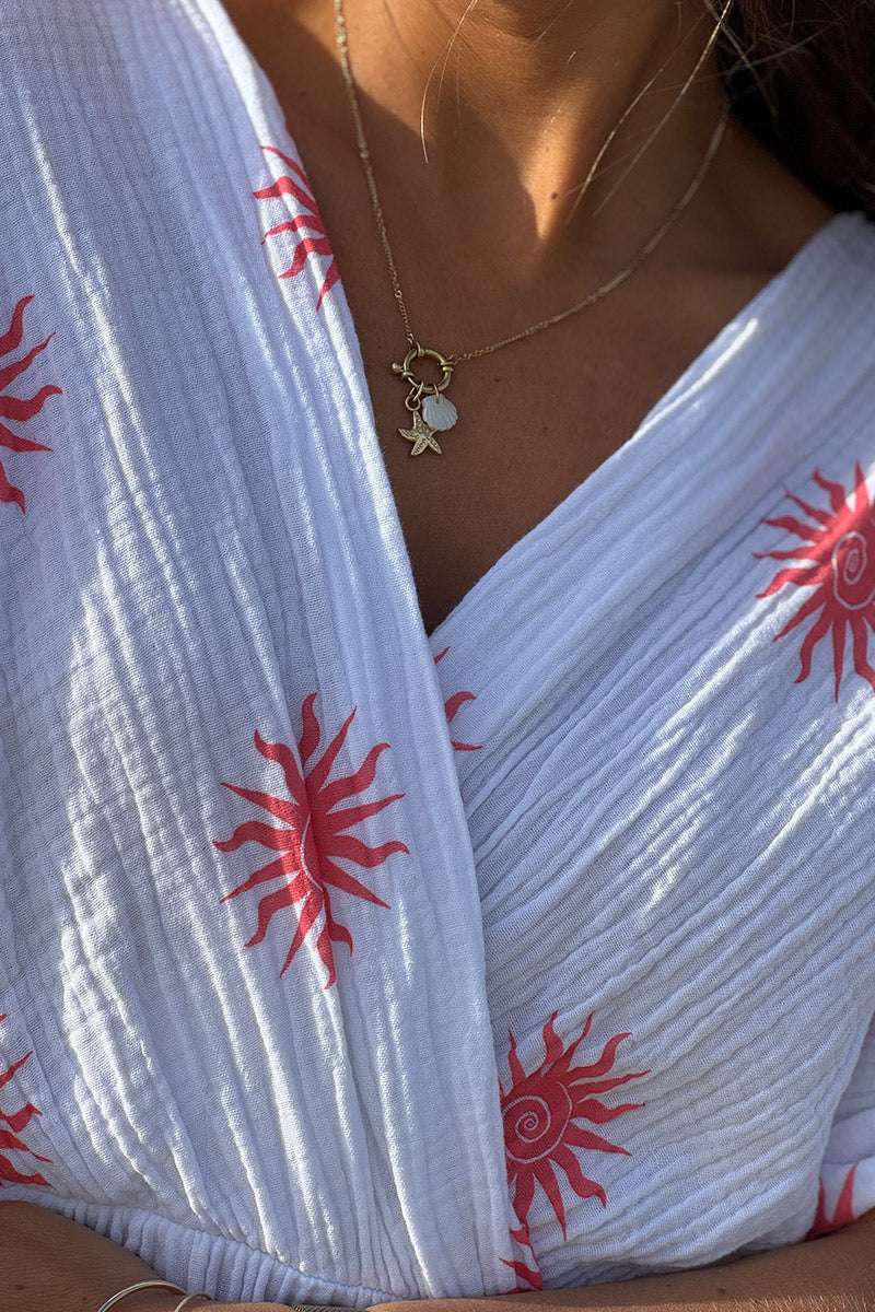 Coral Sunburst Gauze Dress