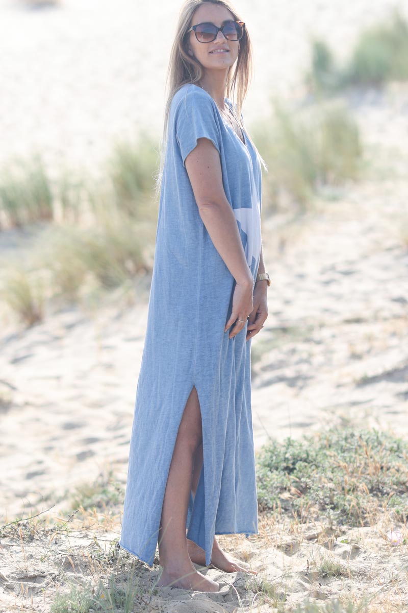 Robe longue bleu ciel en coton grande etoile E126 (1)