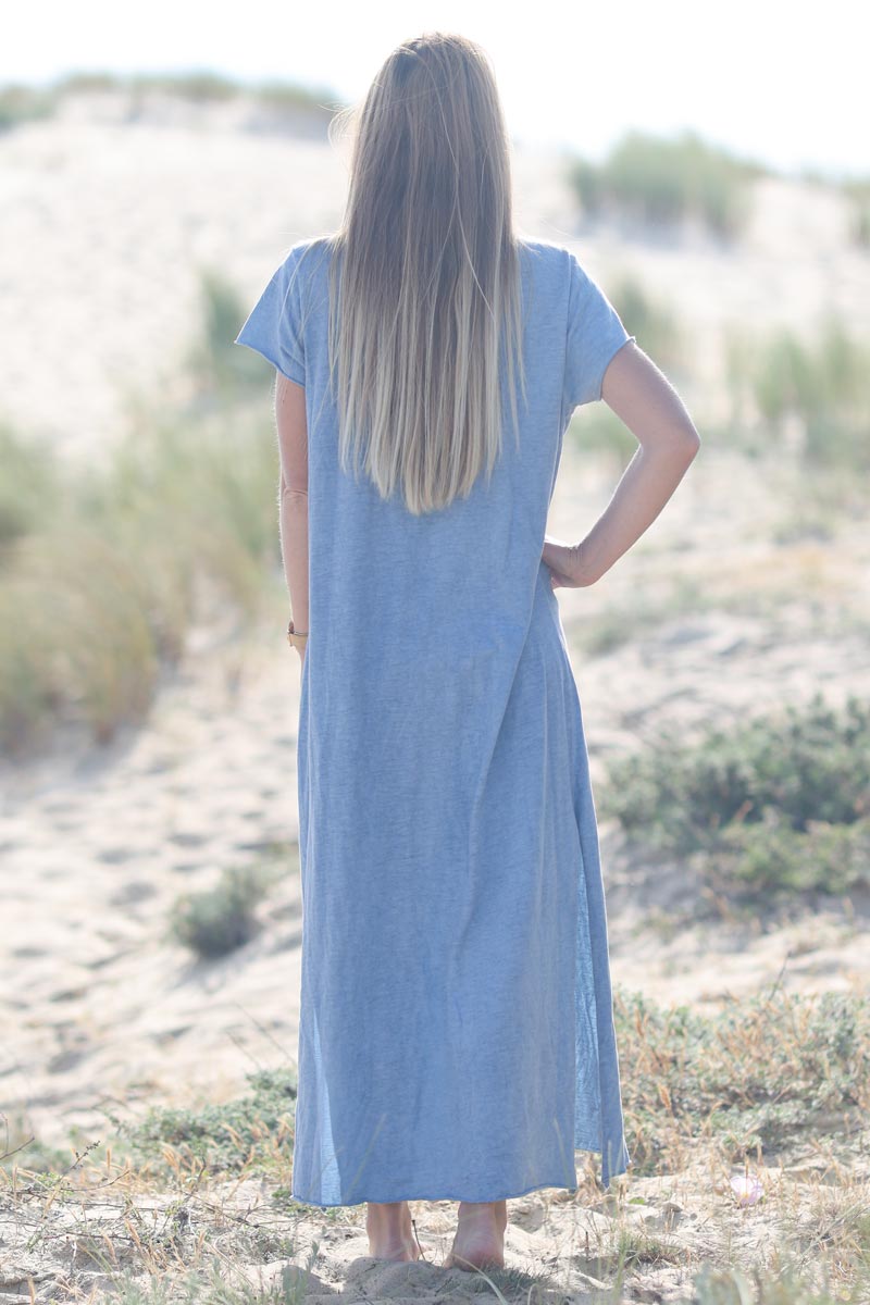Robe longue bleu ciel en coton grande etoile E126 (1)
