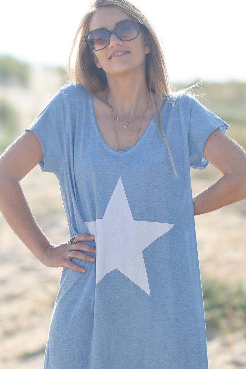 Robe longue bleu ciel en coton grande etoile E126 (1)