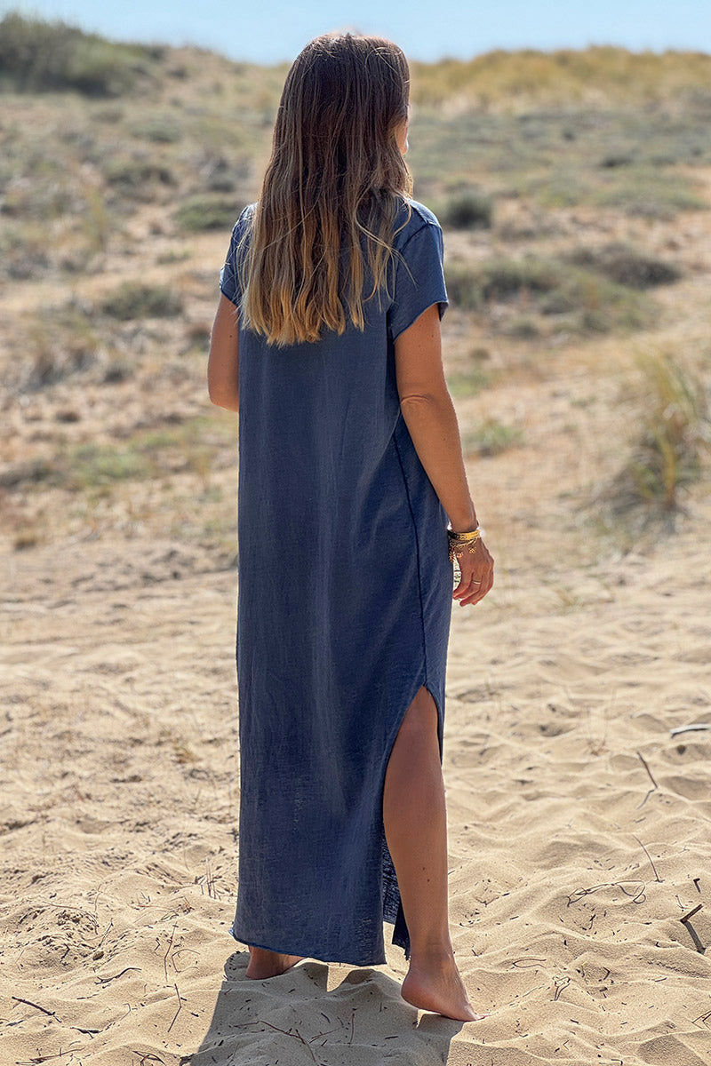 Robe longue bleu marine en coton grande étoile