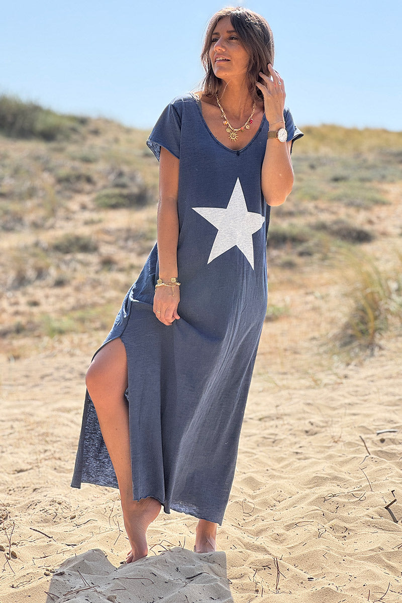 Robe longue bleu marine en coton grande étoile