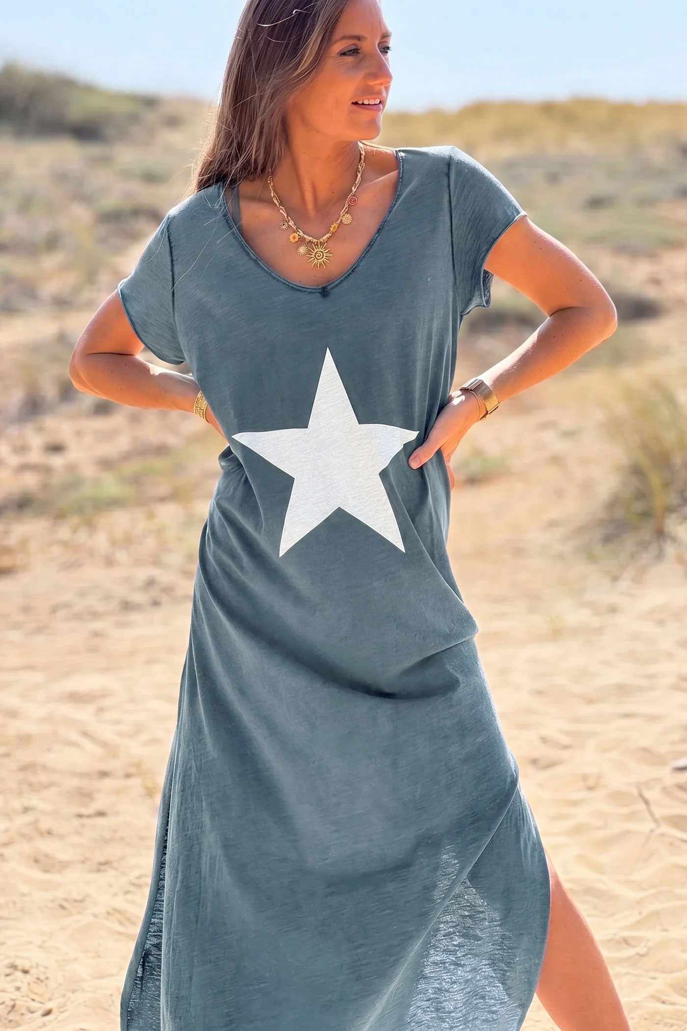 Robe longue bleu marine en coton grande étoile