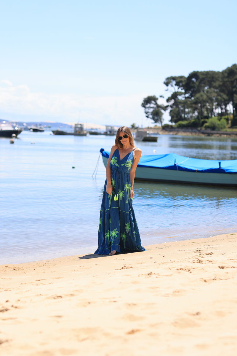 Petrol blue strappy maxi dress with yellow palm embroidery