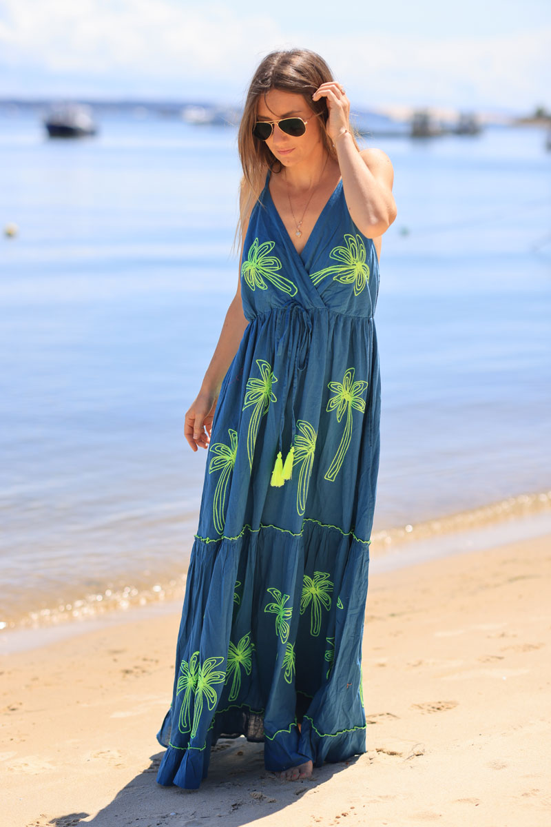 Petrol blue strappy maxi dress with yellow palm embroidery