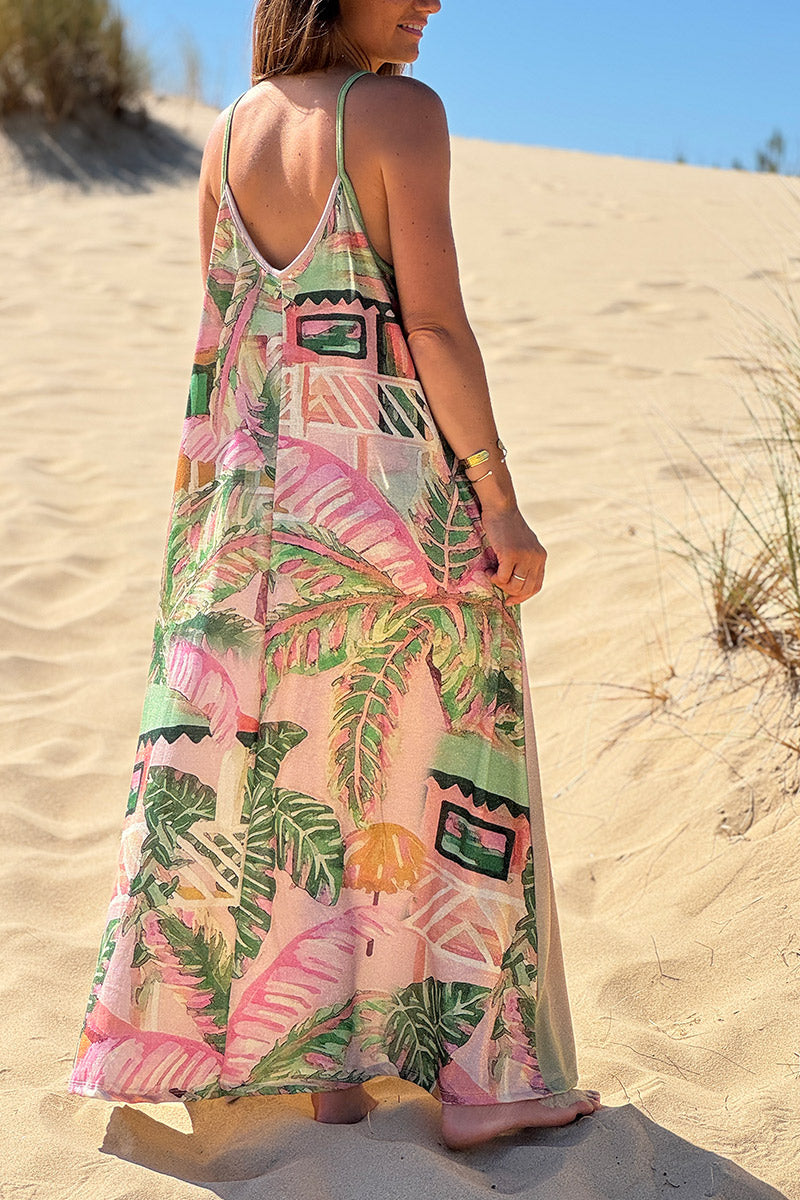 Robe longue brillante à bretelles motif soleil palmiers et tie and dye vert et jaune pastel