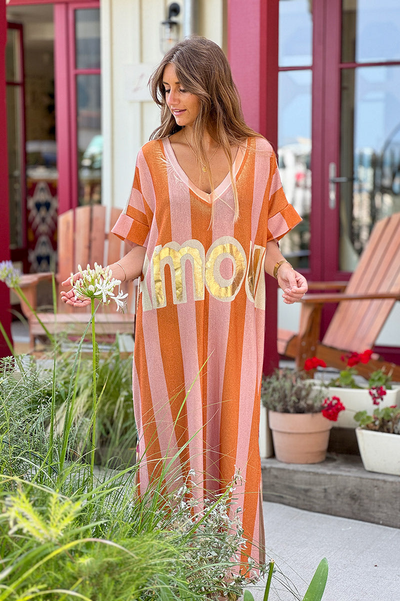 Robe longue brillante dorée rayures orange et rose Amour gold