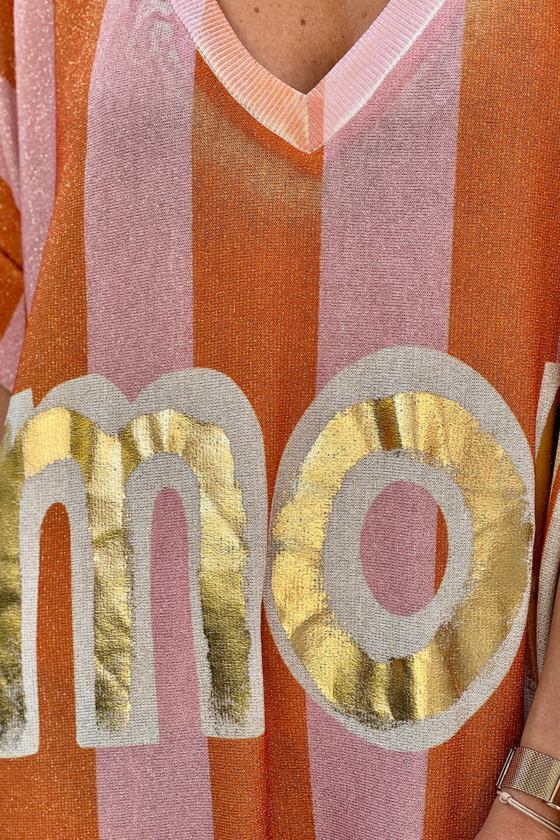 Robe longue brillante dorée rayures orange et rose Amour gold