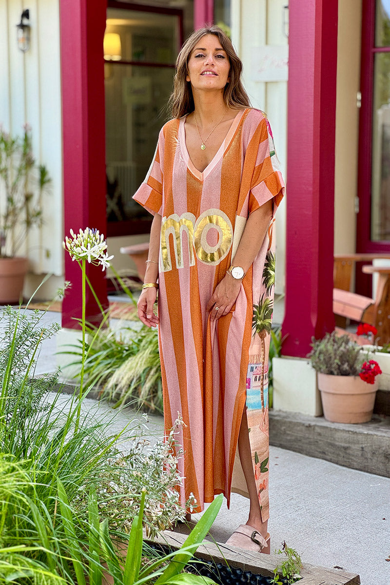 Robe longue brillante dorée rayures orange et rose Amour gold