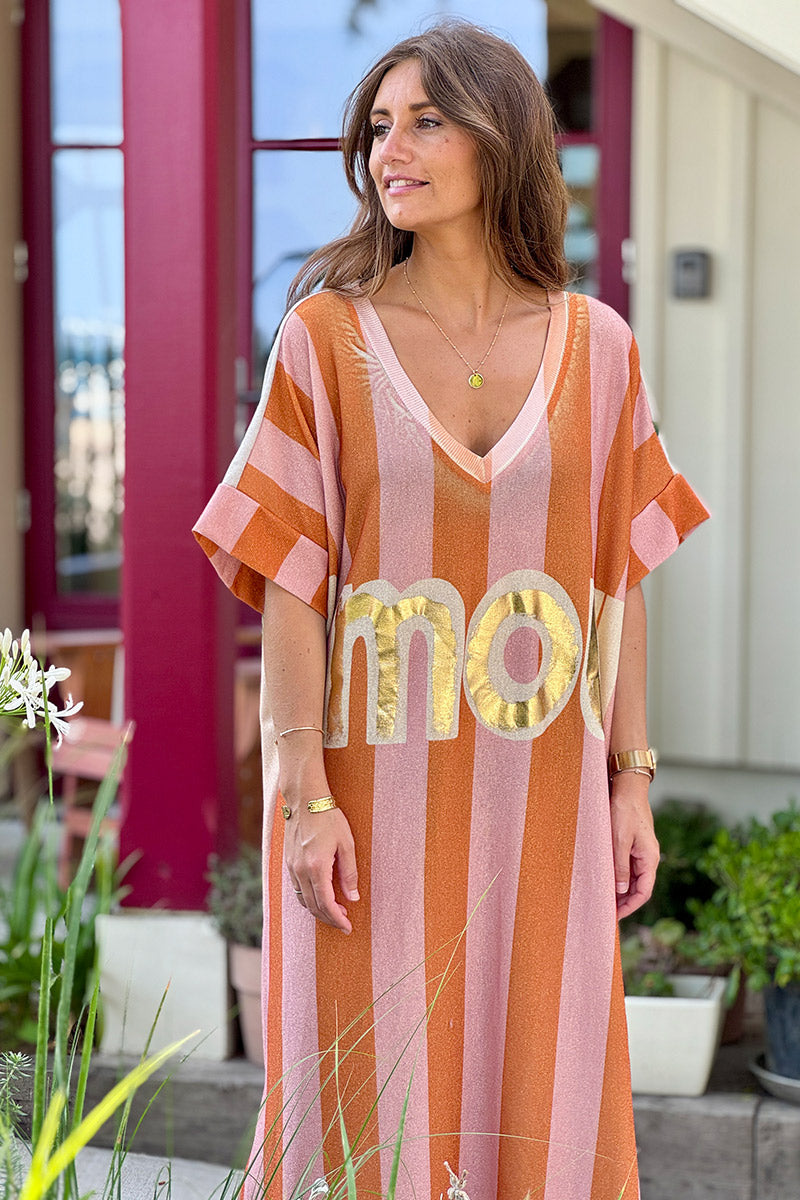 Robe longue brillante dorée rayures orange et rose Amour gold