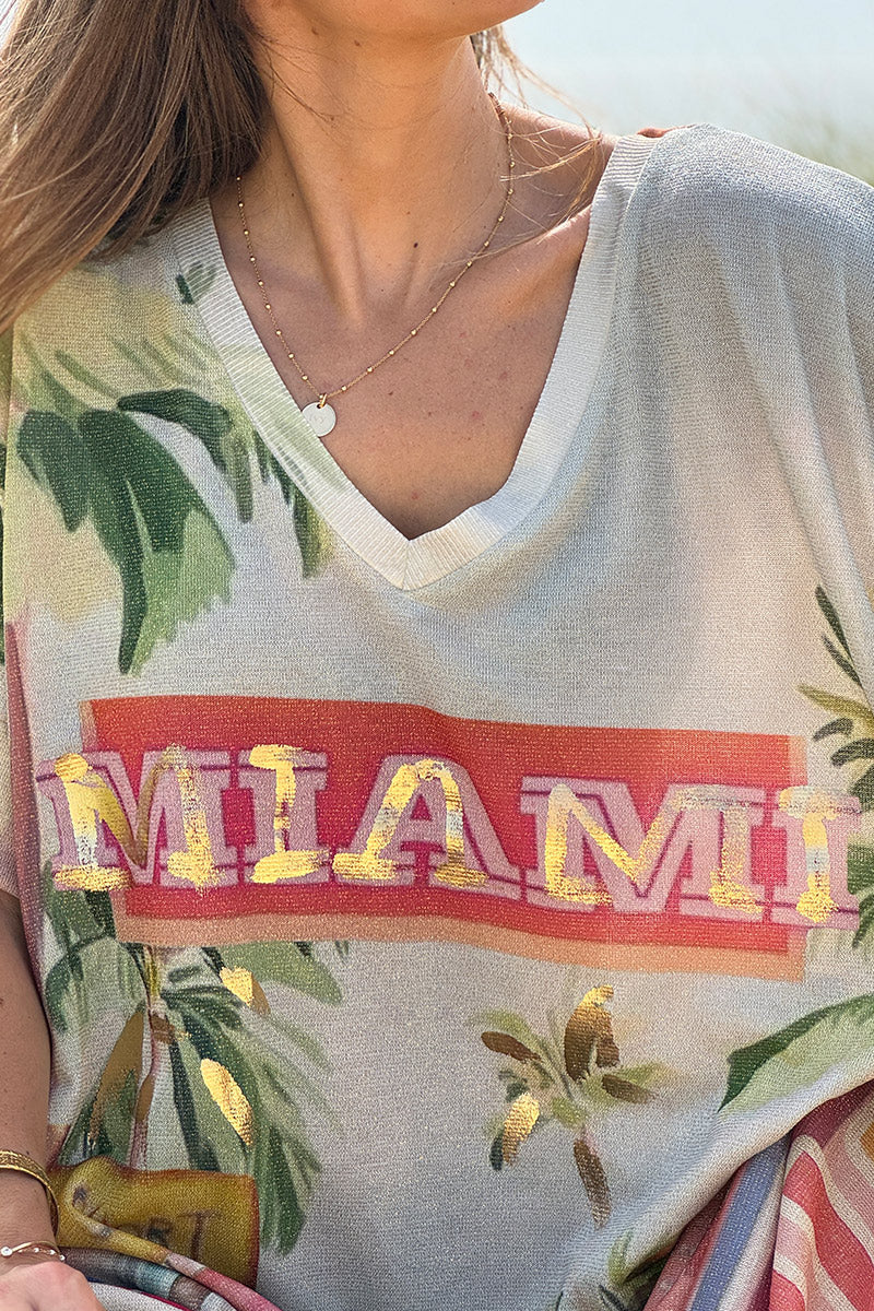 Robe longue brillante et large imprimé coloré MIAMI palmiers Cadillac