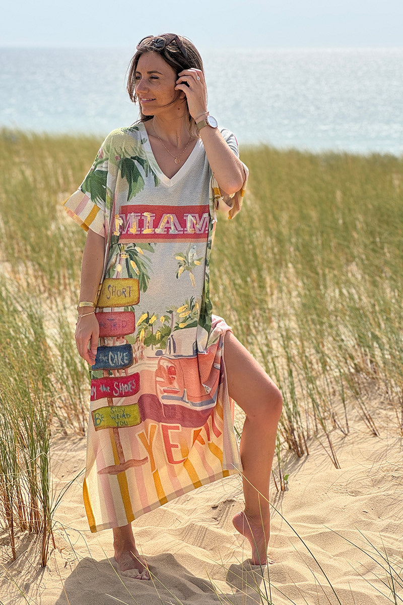 Robe longue brillante et large imprimé coloré MIAMI palmiers Cadillac