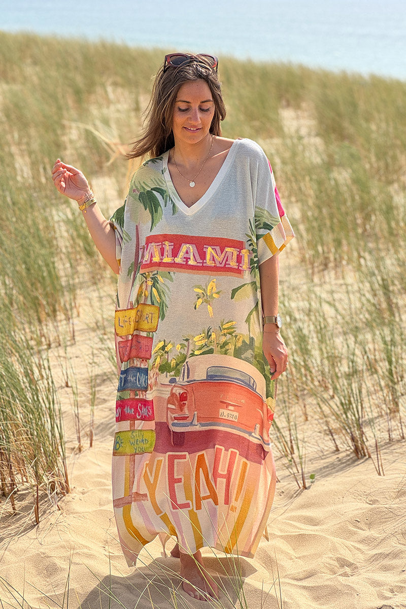 Robe longue brillante et large imprimé coloré MIAMI palmiers Cadillac