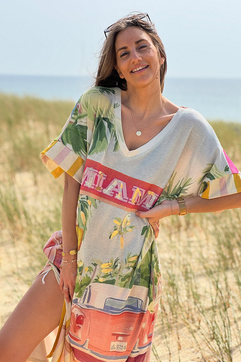 Robe longue brillante et large imprimé coloré MIAMI palmiers Cadillac