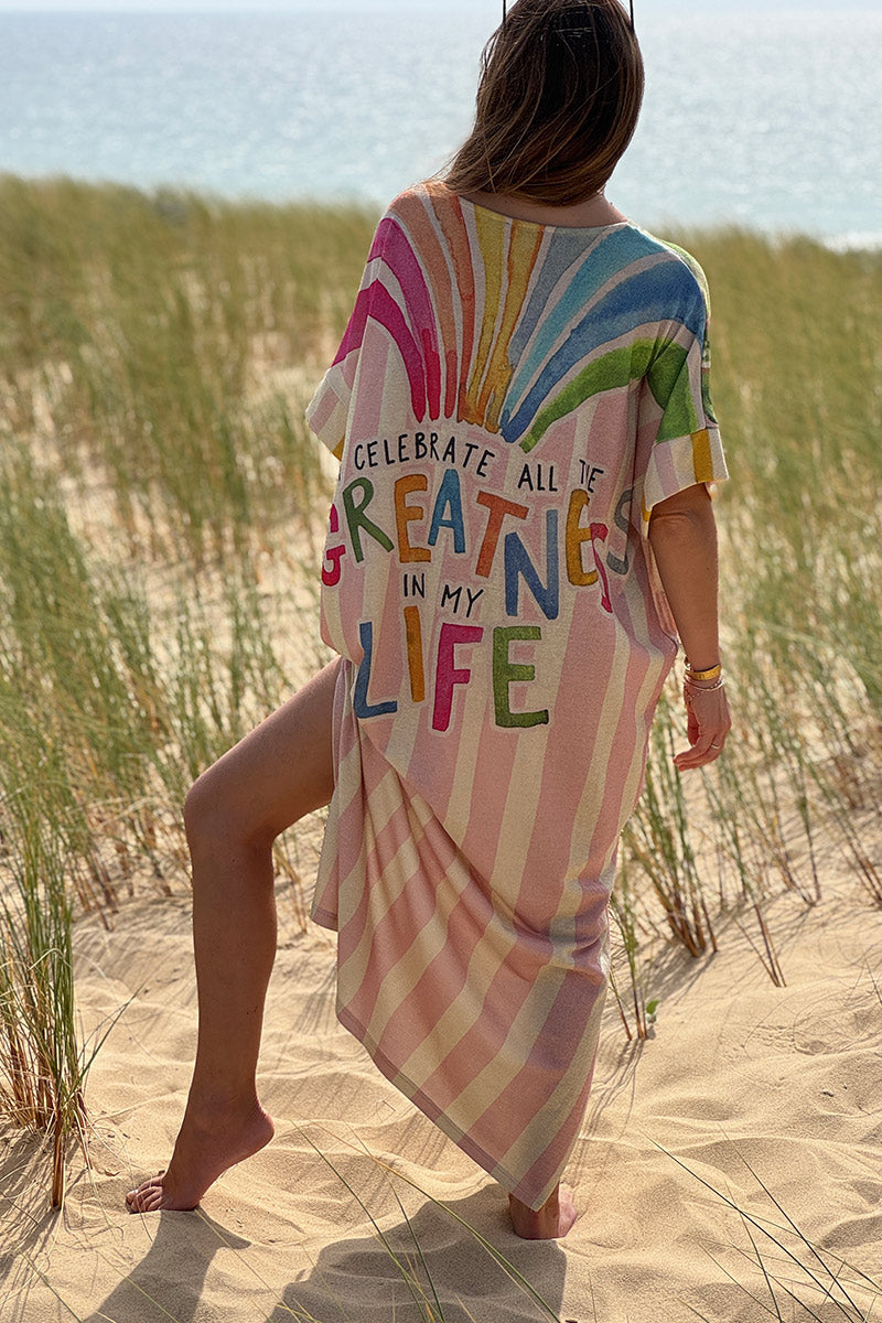 Robe longue brillante et large imprimé coloré MIAMI palmiers Cadillac