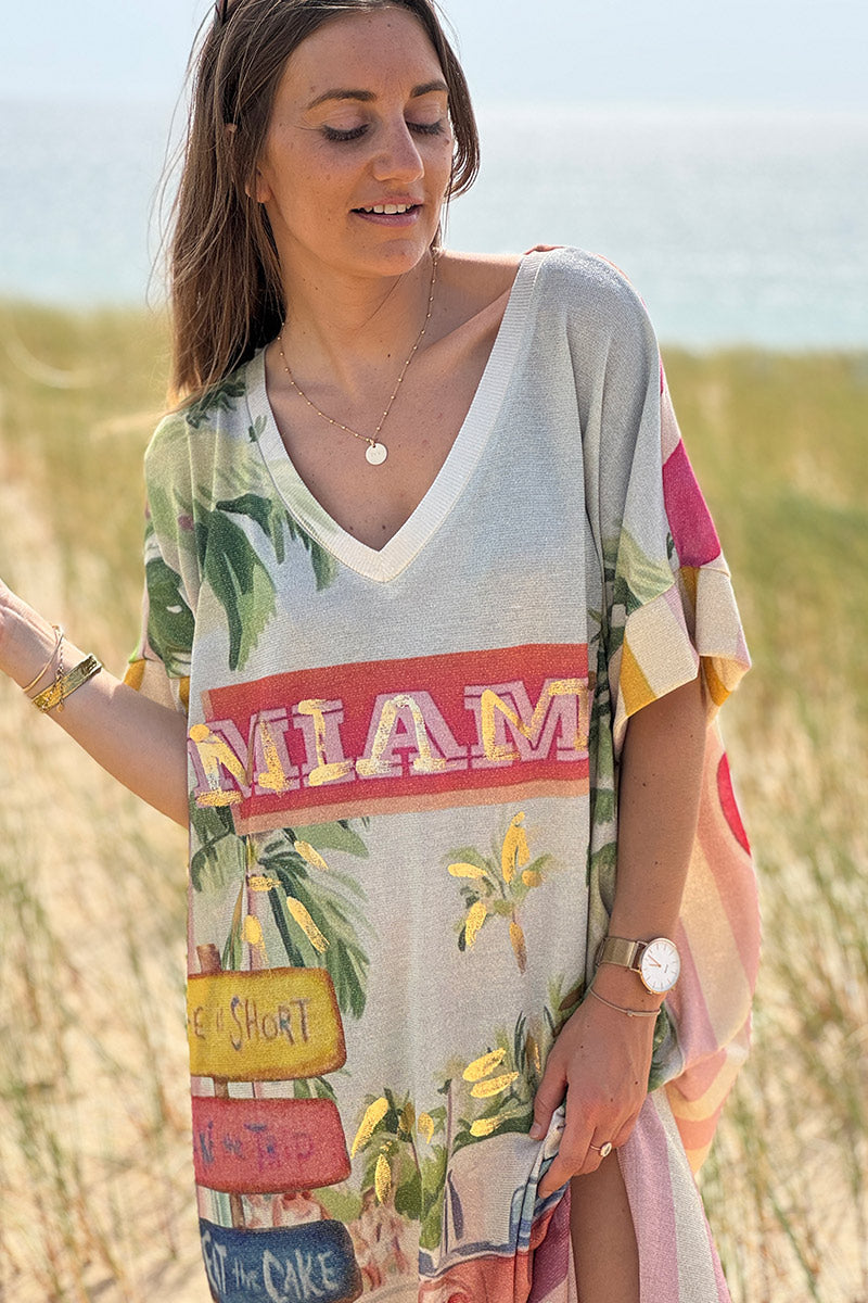 Robe longue brillante et large imprimé coloré MIAMI palmiers Cadillac