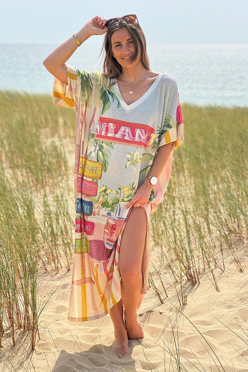 Robe longue brillante et large imprimé coloré MIAMI palmiers Cadillac