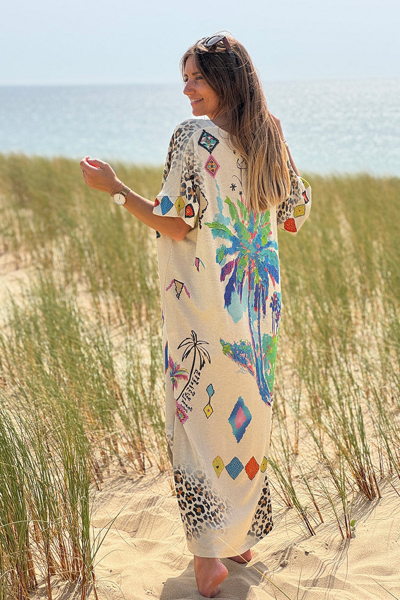 Robe longue brillante et large imprimé palmier bleu léopard et cheval
