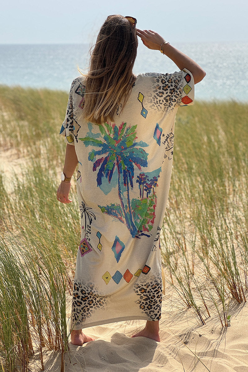Robe longue brillante et large imprimé palmier bleu léopard et cheval