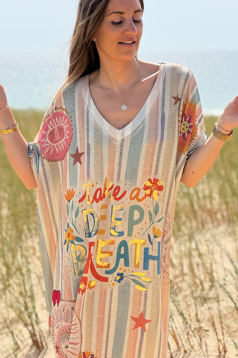 Beige Glitter Knit “Take a Deep Breath” Striped Maxi Dress