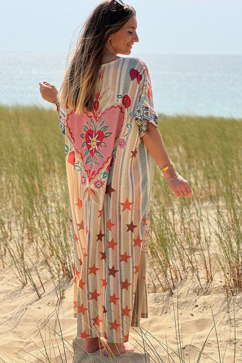 Beige Glitter Knit “Take a Deep Breath” Striped Maxi Dress
