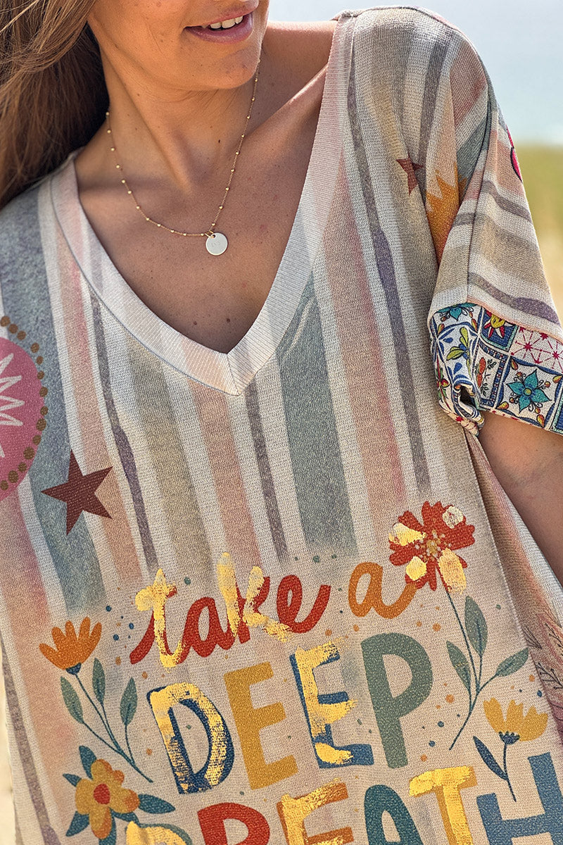 Beige Glitter Knit “Take a Deep Breath” Striped Maxi Dress