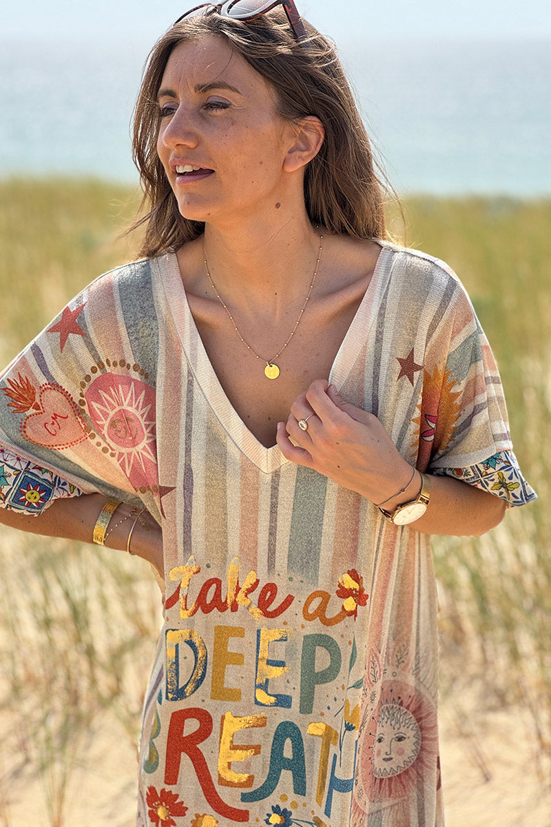 Beige Glitter Knit “Take a Deep Breath” Striped Maxi Dress