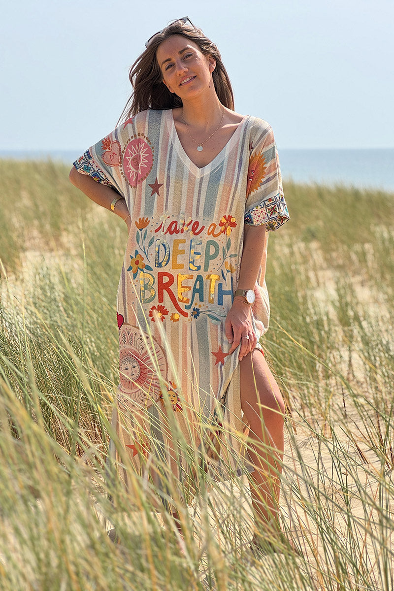 Beige Glitter Knit “Take a Deep Breath” Striped Maxi Dress