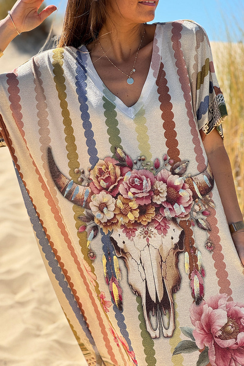 Robe longue brillante et large imprimé tête de buffle fleurs rose
