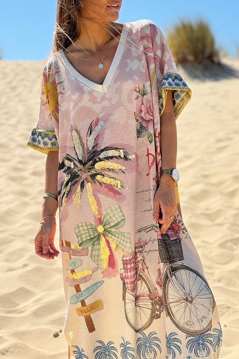 Robe longue brillante et large motifs palmier doré roses bicyclette
