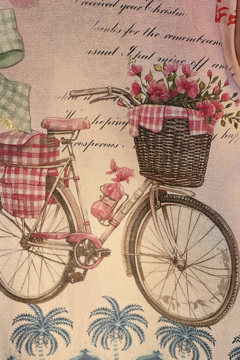 Robe longue brillante et large motifs palmier doré roses bicyclette