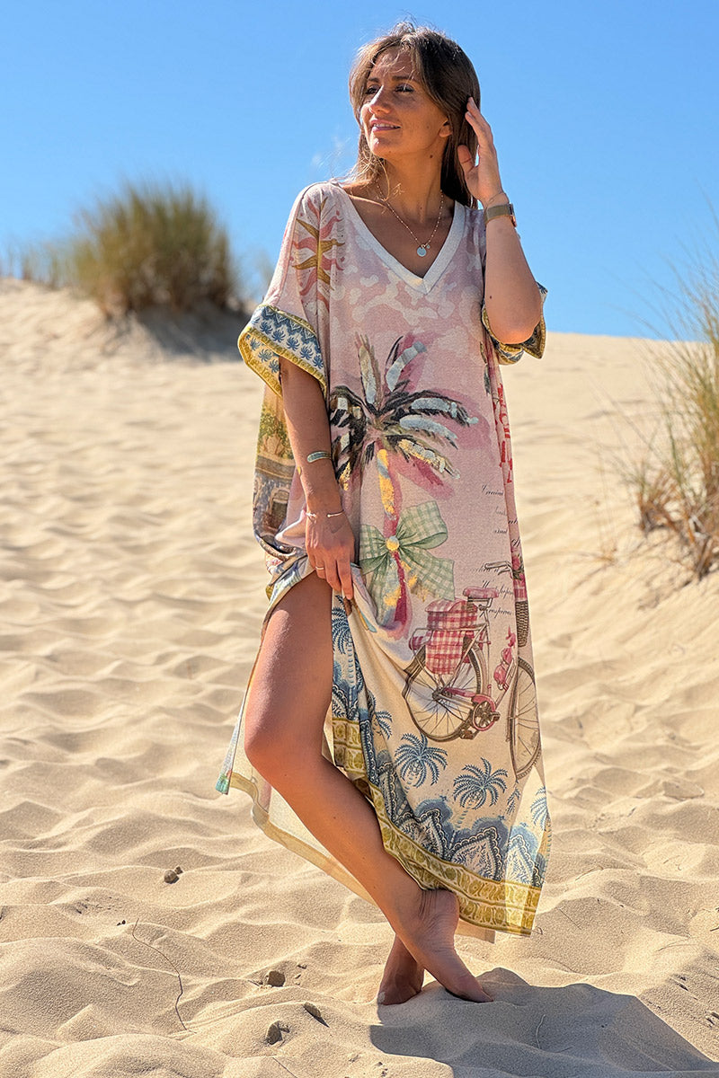 Robe longue brillante et large motifs palmier doré roses bicyclette