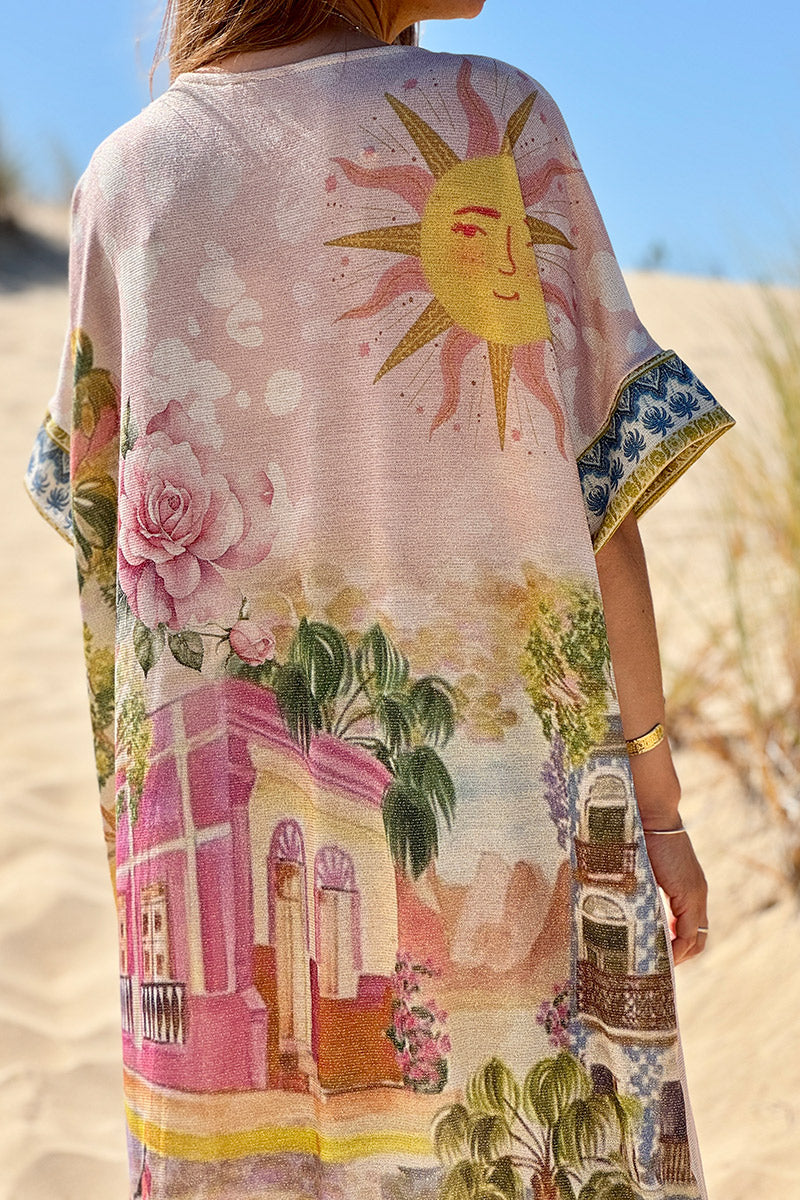 Robe longue brillante et large motifs palmier doré roses bicyclette
