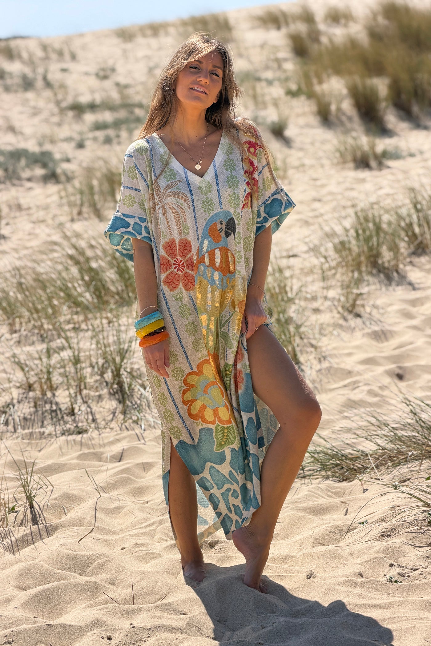 Ivory Pretty Parrot Glitter Knit Caftan