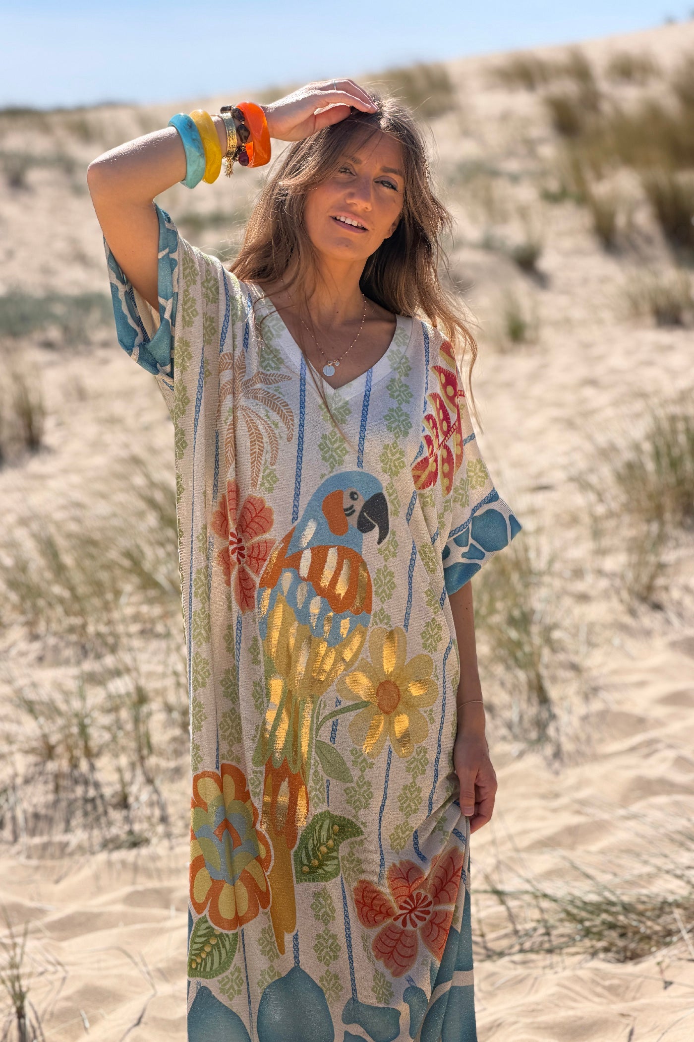 Ivory Pretty Parrot Glitter Knit Caftan