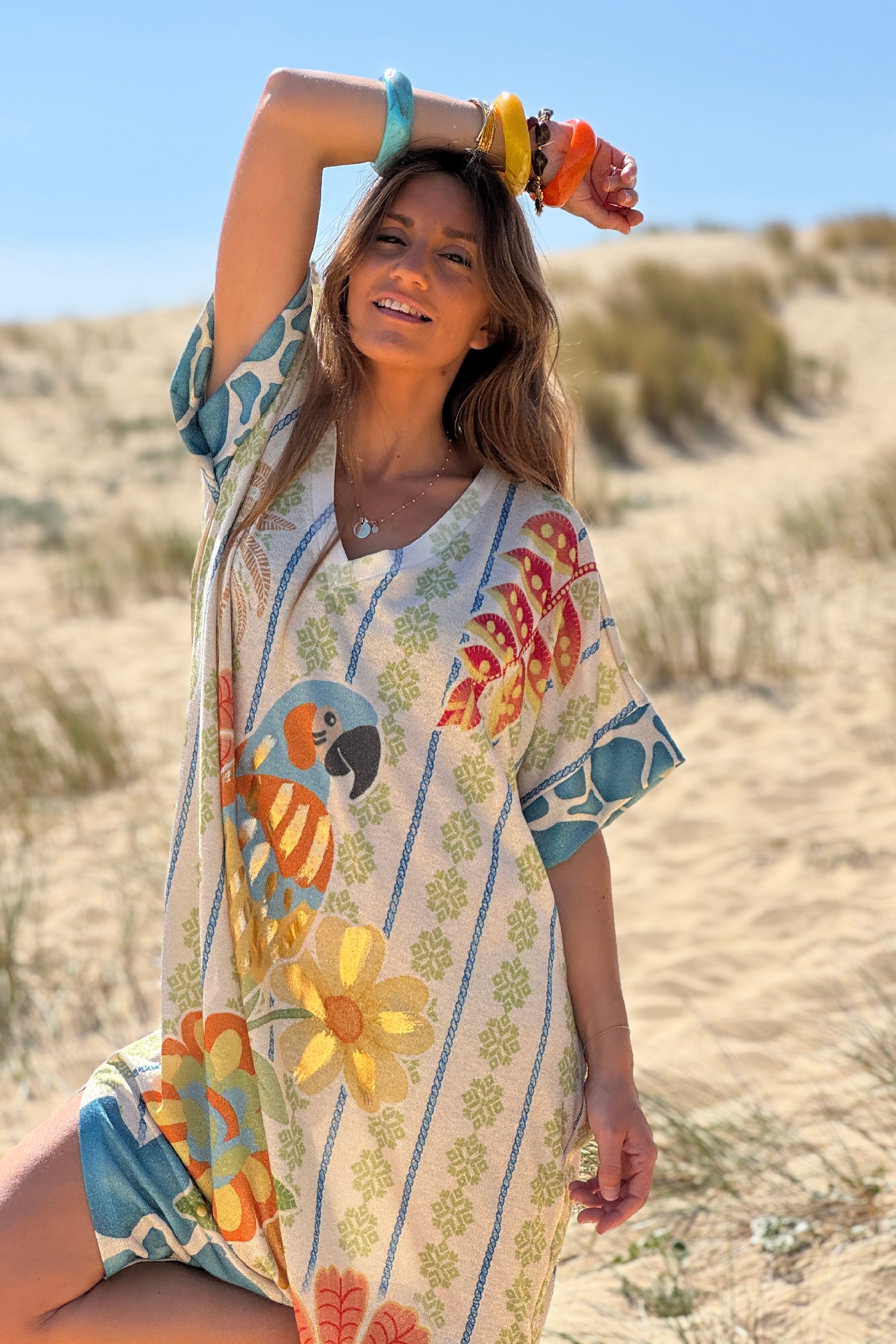 Ivory Pretty Parrot Glitter Knit Caftan