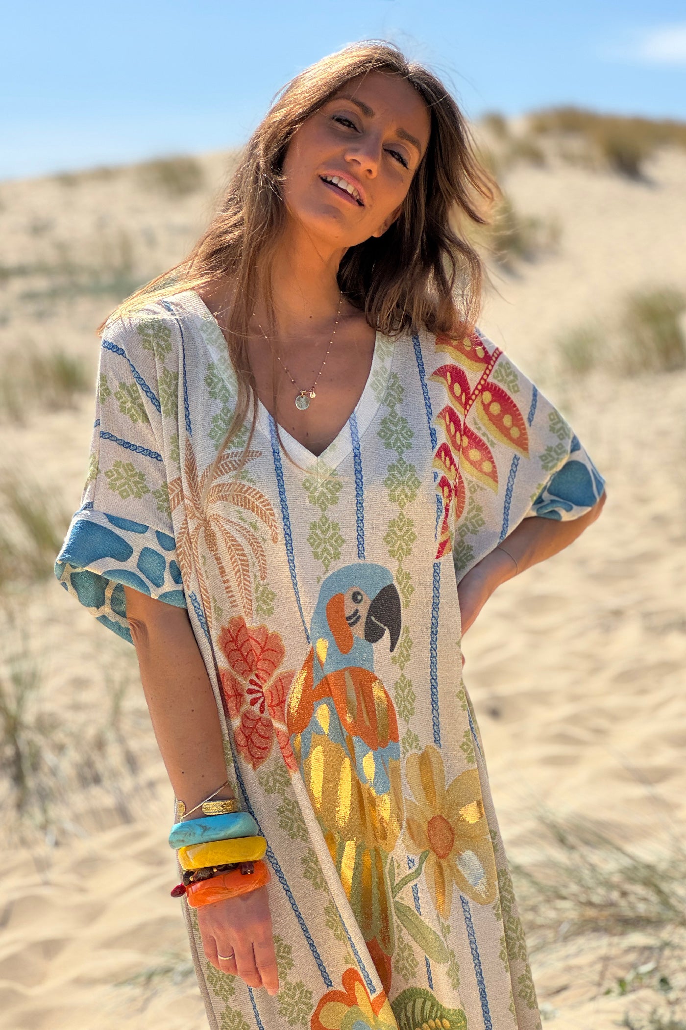 Ivory Pretty Parrot Glitter Knit Caftan