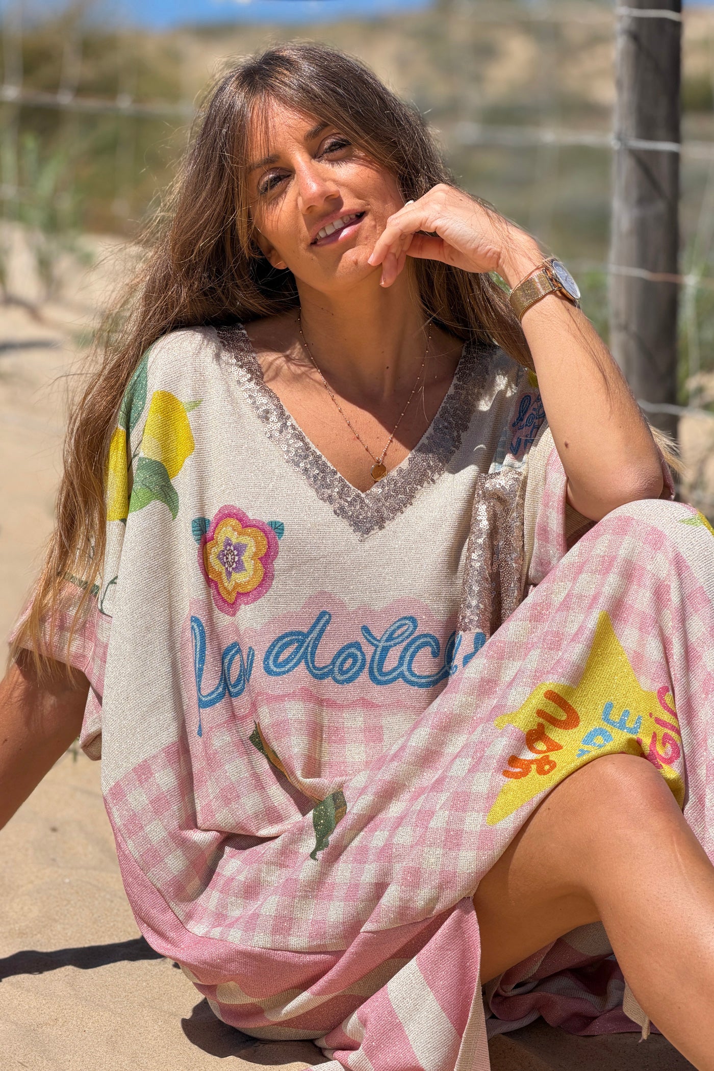 Cream “La Dolce Vita” Pink Gingham and Lemons Glitter Knit Dress
