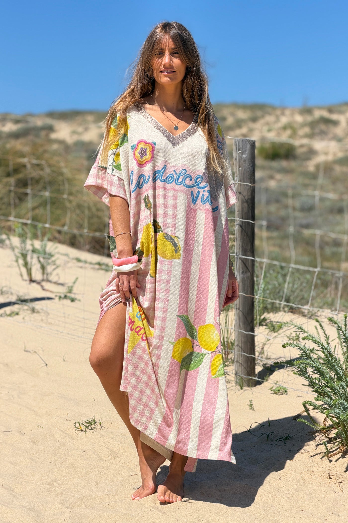 Cream “La Dolce Vita” Pink Gingham and Lemons Glitter Knit Dress