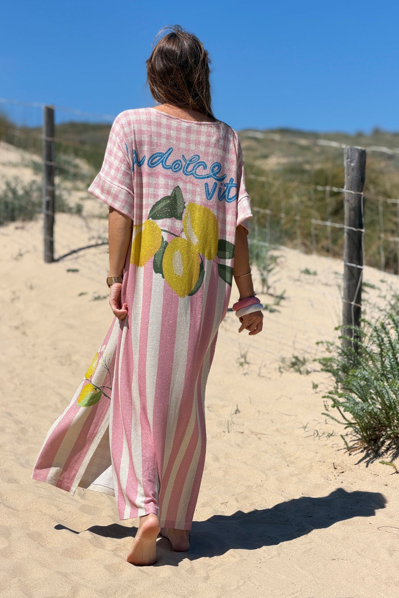 Cream “La Dolce Vita” Pink Gingham and Lemons Glitter Knit Dress