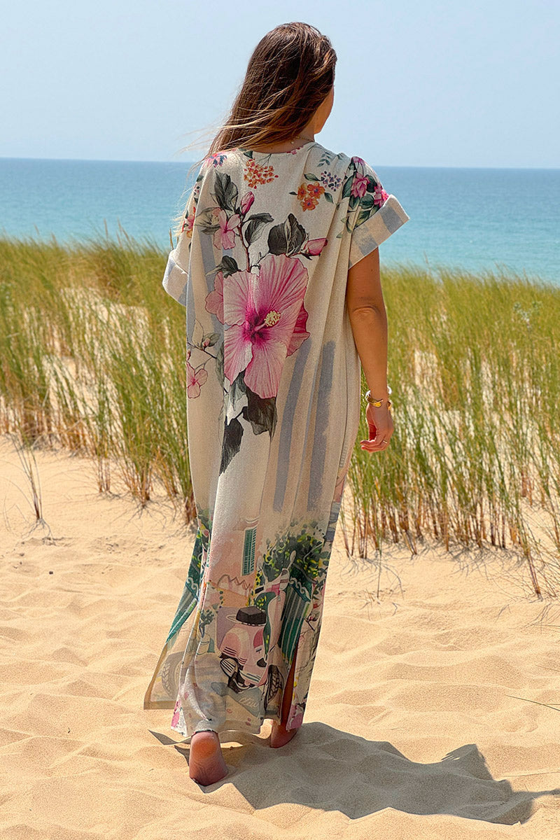 Robe longue brillante motif fleurs et la Dolce Vita rose poche et col sequins