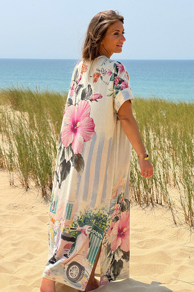 Robe longue brillante motif fleurs et la Dolce Vita rose poche et col sequins