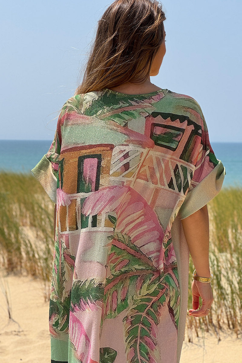 Robe longue brillante motif soleil palmiers et rayures pastel poche et col sequins